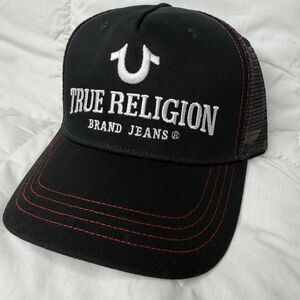True Religion Men's Trucker Hat Horseshoe Snapback Cap Black Red One Size New